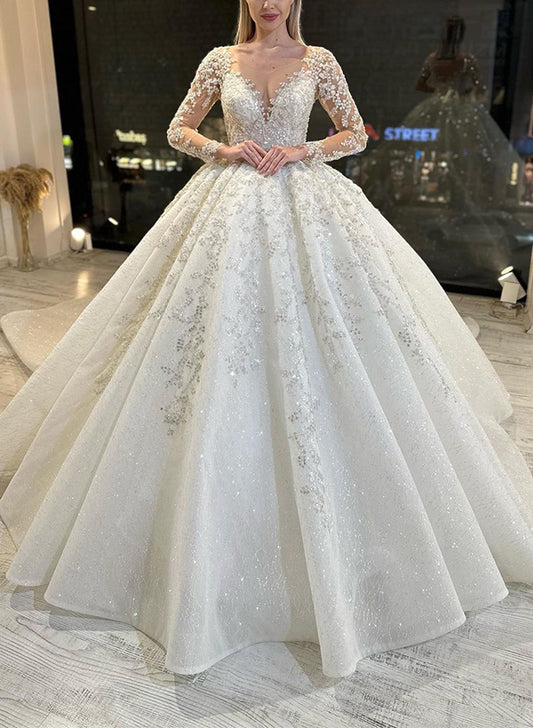 Wedding Dresses: Ball-Gown Illusion Neck with Long Sleeves Lace/Tulle