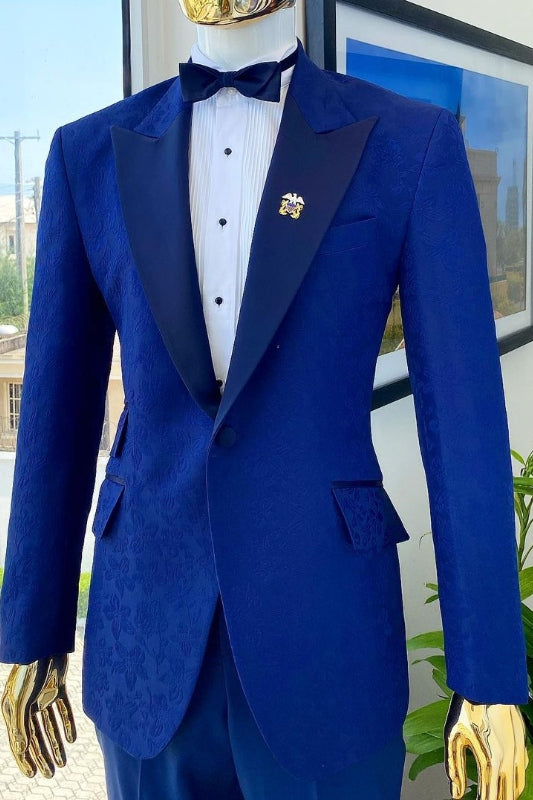 Dark Blue Peaked Lapel Slim Fit Jacquard Prom Men Suit