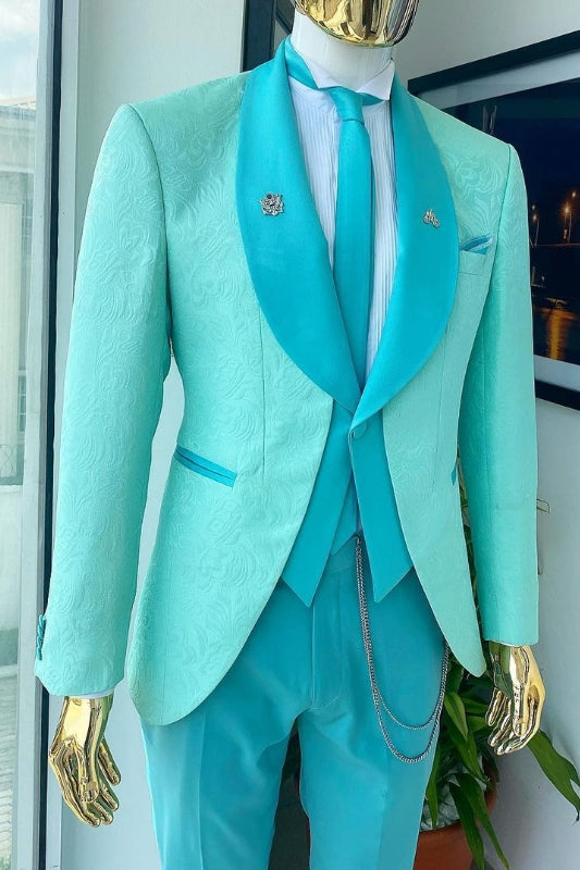 Newest Sky Blue Shawl Lapel Jacquard Wedding Suit for Men