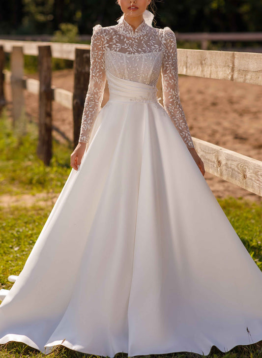 High Neck Lace Ball-Gown Wedding Dress with Long Sleeves