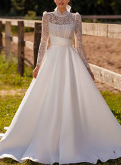 High Neck Lace Ball-Gown Wedding Dress with Long Sleeves