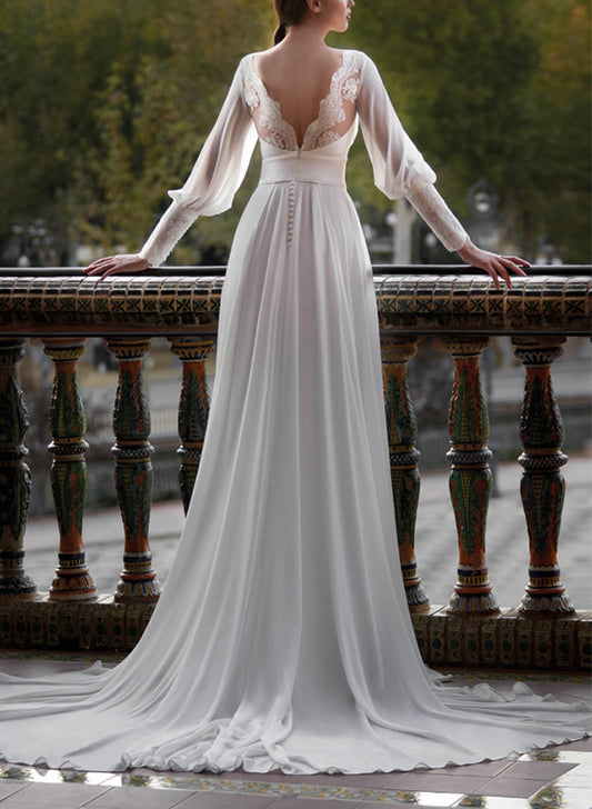 Illusion Neck A-Line Wedding Dresses with Long Sleeves and Split Front