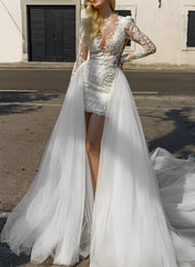 Asymmetrical Lace Wedding Dresses with V-Neck and Long Sleeves