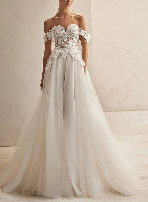 Off-The-Shoulder Sleeveless Court Train Lace/Tulle Wedding Dresses