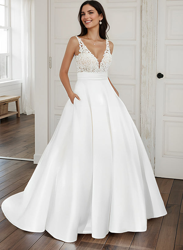 Ball-Gown Satin V-Neck Wedding Dresses With Pockets