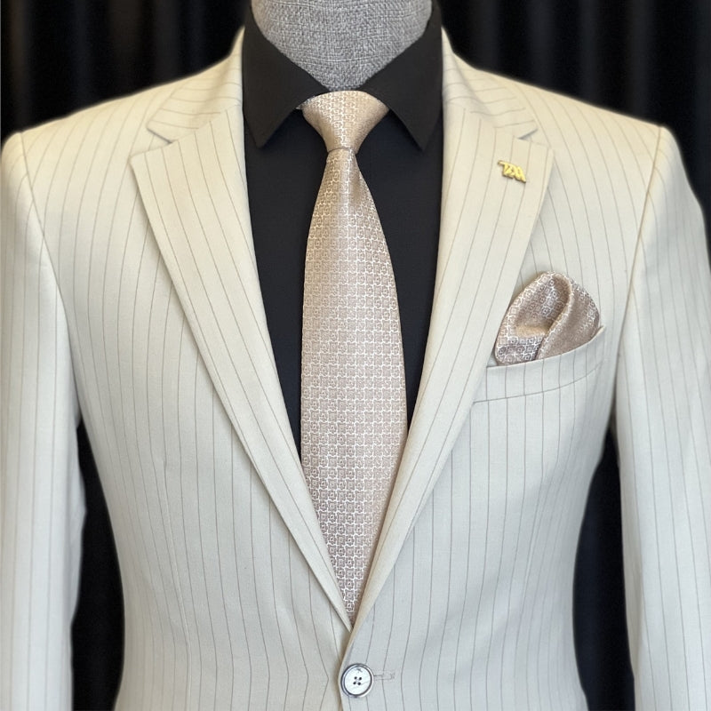 White Striped Notched Lapel Business Suit