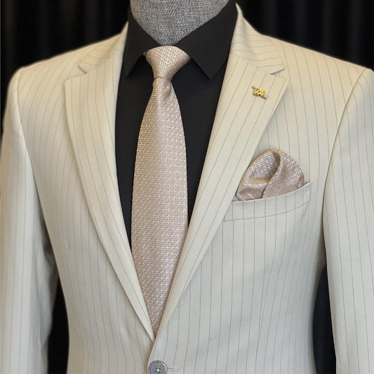 White Striped Notched Lapel Business Suit