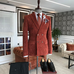 Bespoke Burgundy Corduroy Peaked Lapel Double Breasted Prom Suit