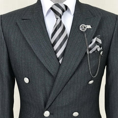 Black Striped Double-Breasted Peaked Lapel Business Suit