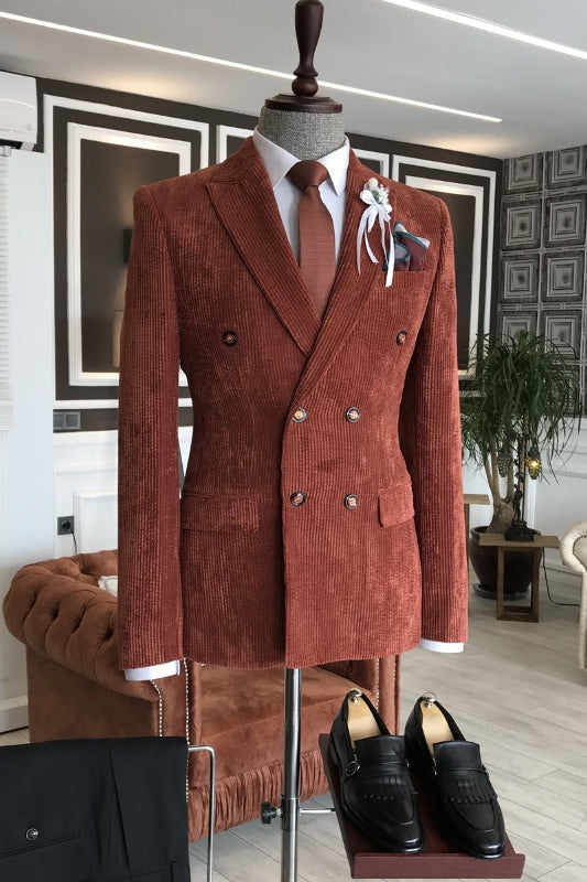 Bespoke Burgundy Corduroy Peaked Lapel Double Breasted Prom Suit