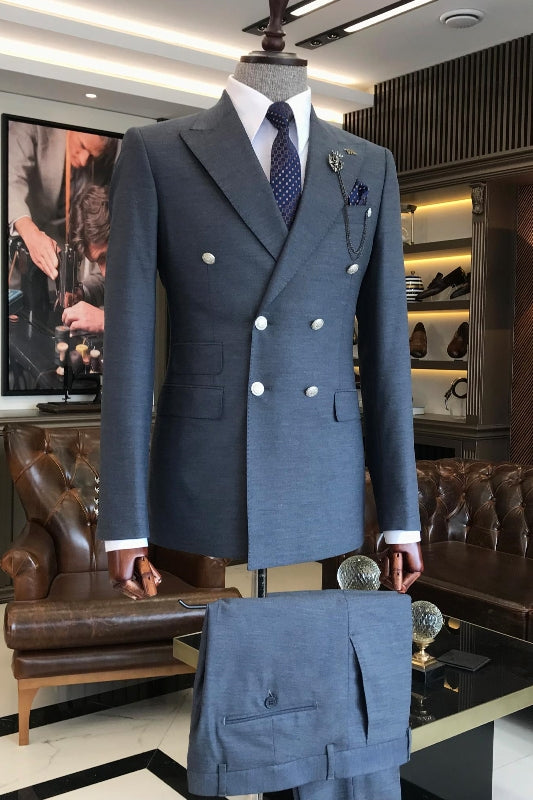 Navy Blue Double-Breasted Peaked Lapel Business Suit