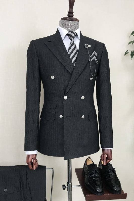 Black Striped Double-Breasted Peaked Lapel Business Suit