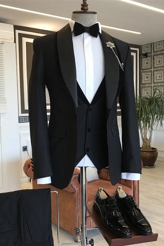 Black Shawl Lapel Three-Piece Wedding Suit