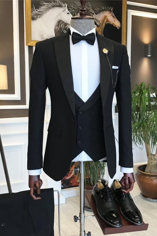 Black Three-Piece Peaked Lapel Bespoke Business Suit