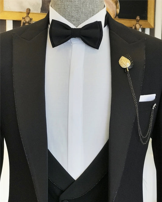 Black Three-Piece Peaked Lapel Bespoke Business Suit