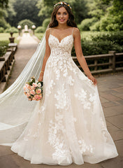 V Neck A-Line/Princess Tulle Lace Wedding Dresses With Appliques Lace