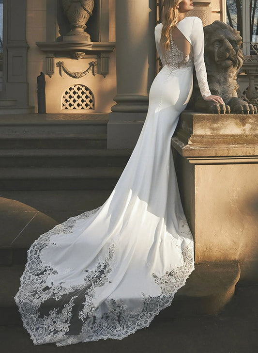 Long Sleeves Lace/Elastic Satin Wedding Dresses - Trumpet/Mermaid