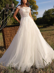 Illusion Neck A-Line Sleeveless Sweep Train Tulle Wedding Dresses With Lace