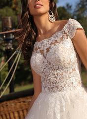 Illusion Neck A-Line Sleeveless Sweep Train Tulle Wedding Dresses With Lace