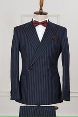 Dark Navy Peaked Lapel Striped Bespoke Business Suit