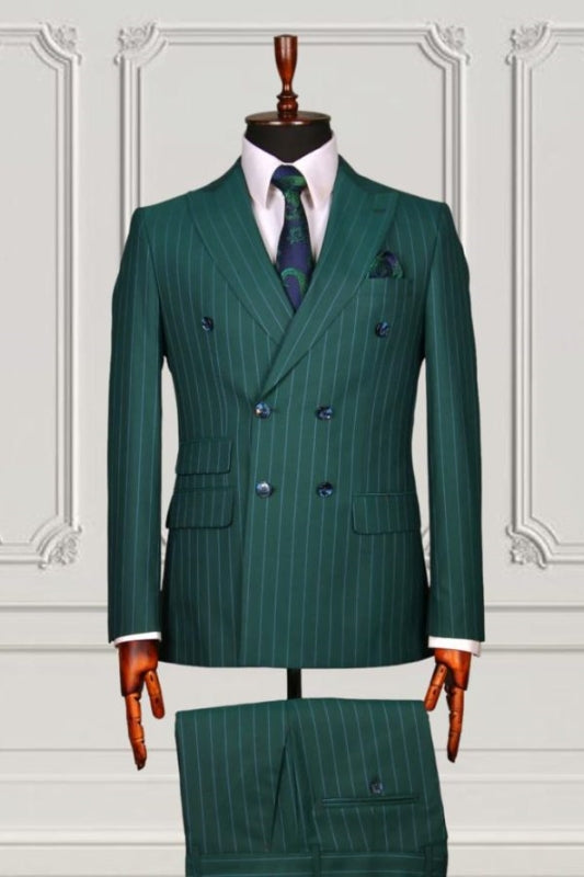 Stylish Dark Green Peaked Lapel Double Breasted Business Suit