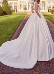 A-Line Halter Sleeveless Sweep Train Satin Wedding Dresses With Pockets