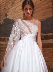 A-Line Sweep Train Satin Wedding Dresses With Appliques Lace