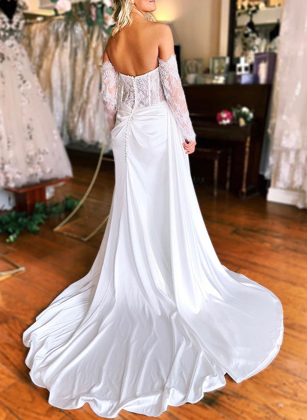 Sweetheart Long Sleeves Satin Wedding Dresses With Split Front