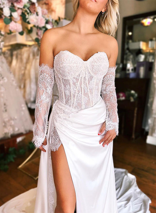 Sweetheart Long Sleeves Satin Wedding Dresses With Split Front