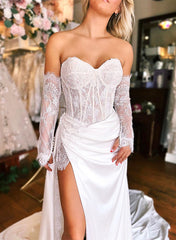 Sweetheart Long Sleeves Satin Wedding Dresses With Split Front