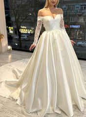 Off-The-Shoulder Ball-Gown Satin Wedding Dresses with Long Sleeves