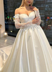 Off-The-Shoulder Ball-Gown Satin Wedding Dresses with Long Sleeves