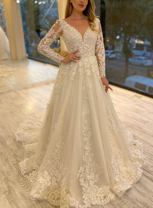 Lavish Lace V-Neck Long Sleeves A-Line Bridal Gowns