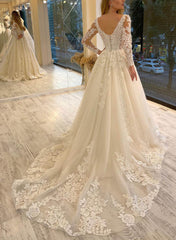 Lavish Lace V-Neck Long Sleeves A-Line Bridal Gowns