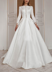 A-Line Scoop Neck Long Sleeves Sweep Train Satin Wedding Dresses