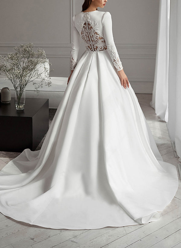 A-Line Scoop Neck Long Sleeves Sweep Train Satin Wedding Dresses