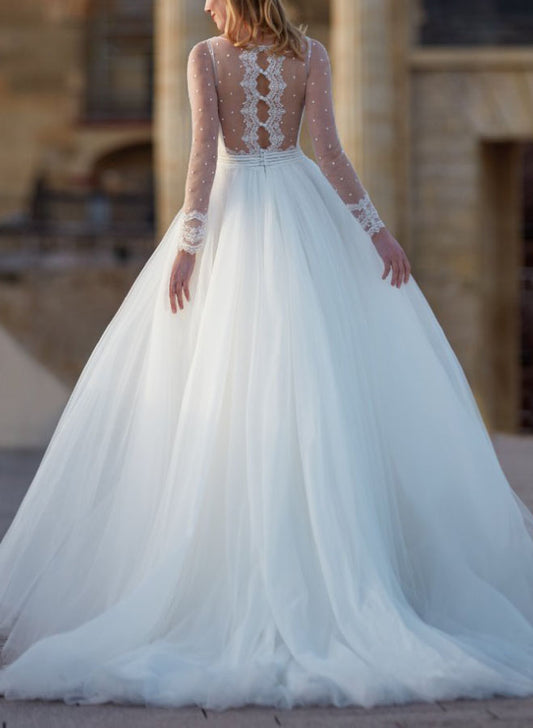 Ball-Gown Tulle Wedding Dresses with Long Sleeves and V-Neck