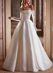 Off-The-Shoulder A-Line Wedding Dress With Long Sleeves and Pockets Featuring Sequins