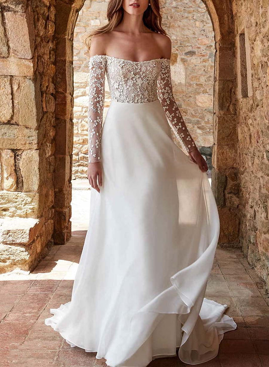 Off-The-Shoulder A-Line Wedding Dresses with Lace Long Sleeves