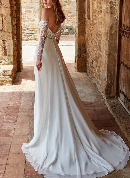 Off-The-Shoulder A-Line Wedding Dresses with Lace Long Sleeves