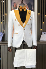 White Jacquard Three-Piece Peaked Lapel Wedding Suit for Men