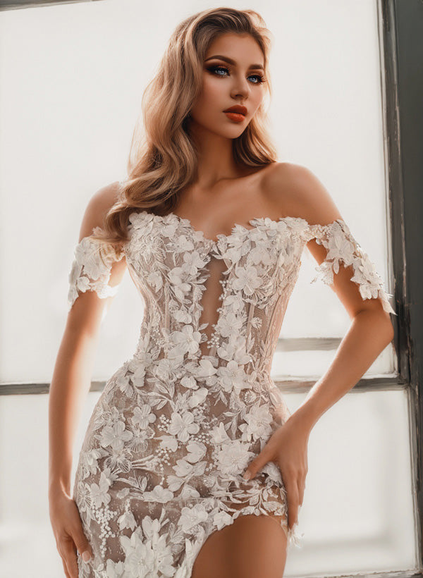 Sweetheart Short Sleeves Court Train Lace Wedding Dresses With Appliques Lace