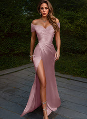 Off-The-Shoulder Silk Like Satin Bridesmaid Dresses With High Split