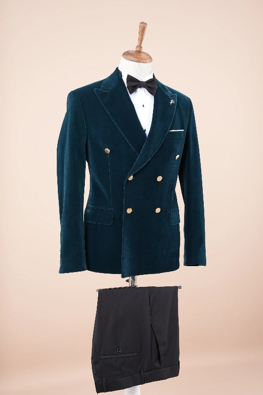 Classical Ocean Blue Peaked Lapel Double Breasted Velvet Prom Suit