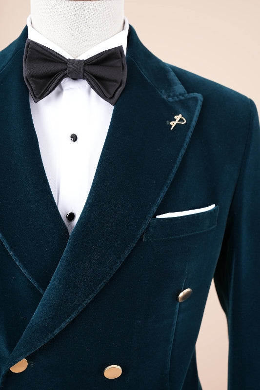 Classical Ocean Blue Peaked Lapel Double Breasted Velvet Prom Suit