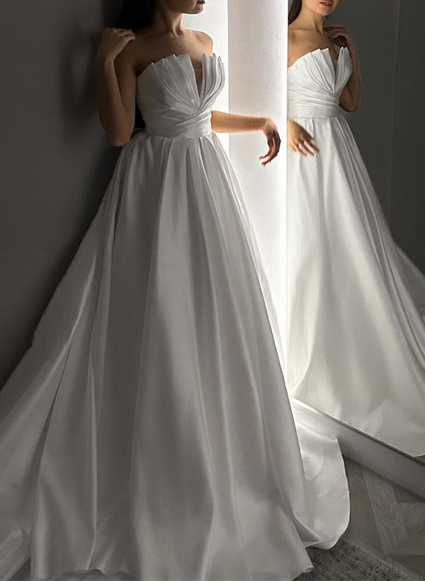 Strapless Sleeveless Satin Wedding Dresses With Ruffle