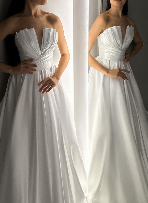 Strapless Sleeveless Satin Wedding Dresses With Ruffle