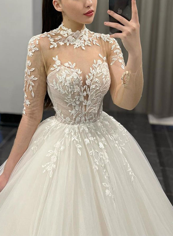 High Neck Long Sleeves Tulle Wedding Dresses With Appliques Lace - Ball-Gown