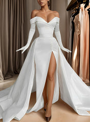 Off-The-Shoulder Court Train Satin Wedding Dresses With Detachable Train