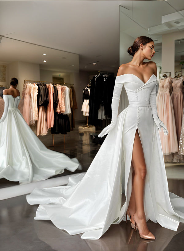 Off-The-Shoulder Court Train Satin Wedding Dresses With Detachable Train